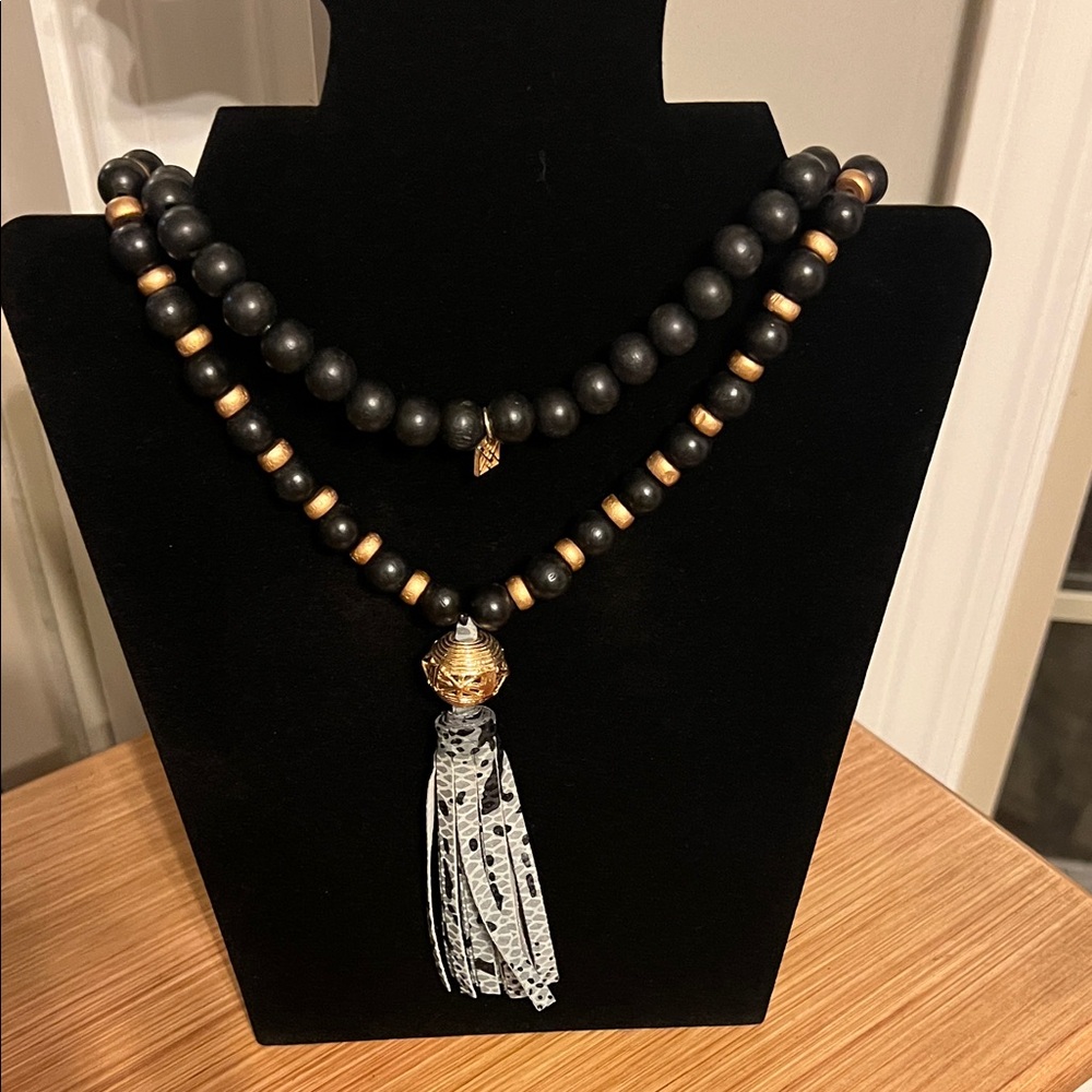 Black and Gold Beaded Necklace with Tassel